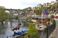 The Waterside at Knaresborough looking north west on 15 April 2009 with the railway viaduct over the River Nidd forming the backdrop. The line from Leeds and Harrogate comes in from the left with Knaresborough station off to the right just beyond the viaduct.  <br>
<br><br>[Bill Roberton 15/04/2009]