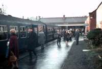 Passengers board the last train at Corstorphine on Saturday 30 December 1967, the final day of passenger services on the branch. The journey time to Waverley will be 11 minutes.<br>
<br><br>[Bruce McCartney 30/12/1967]