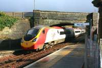 The rear of a <I>Pendolino</I> being dragged south through Sanquhar station on 8 March 2008. At the other end is Virgin <I>Thunderbird</I> no 57314 <I>Firefly</I>. <br><br>[Peter Rushton 08/03/2008]