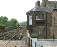 The 1259 arrival from Leeds, having terminated at Knaresborough on the afternoon of 24 April, now stands on the viaduct awaiting clearance to run back past Knaresborough's unique signal box and into the up platform where it will form the next service to Leeds. [See image 23425]  <br><br>[John Furnevel 24/04/2009]
