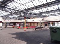 The station concourse at Gourock on 6 May 2009. The ticket office, toilets and staff accommodation are in Portakabins outside, pending station refurbishment.<br><br>[David Panton 06/05/2009]