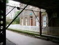 Now forming part of the Water of Leith walkway, the photograph shows the 1846 station at Bonnington on the North Leith branch in March 2009. The building opposite, on the westbound platform, provided access from Bonnington Road bridge directly above the camera. Bonnington lost its passenger service as early as 1947, although the branch survived for freight traffic until 1968. <br>
<br><br>[John Furnevel 15/03/2009]