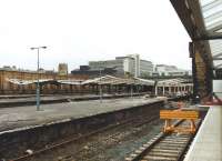 The old Bradford Forster Square Station during the initial stages of demolition on 16 March 1992, seen from the adjacent platforms of the new station.<br><br>[David Pesterfield 16/03/1992]