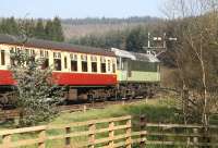 D7628 takes a train from Pickering away from the Levisham stop on 20 April 2009 and heads for Grosmont.<br><br>[John Furnevel 20/04/2009]