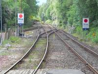 Looking south from the end of the platform at Arrochar and Tarbet on 2 June 2009, showing running lines, sidings and headshunt.<br><br>[David Panton 02/06/2009]