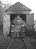 <I>Breathe in...</I> BR standard class 4 no 80126 stands in the cramped wooden shed at Loch Tay following a spell of duty on the Killin branch on 1 February 1964.<br><br>[Robin Barbour Collection (Courtesy Bruce McCartney) 01/02/1964]