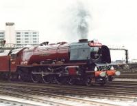 Stanier Coronation Pacific no 46229 <I>Duchess of Hamilton</I> sets out from Leeds with the final leg of the <I>Trans Pennine Pullman</I> to Carlisle on 10 April 1982.<br><br>[David Pesterfield 10/04/1982]