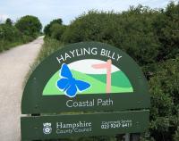 <I>Hayling Billy</I> railway coastal path sign. The path serves walkers, cyclists and horse riders.<br><br>[Alistair MacKenzie 17/06/2009]
