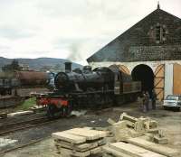 Ivatt 2-6-0 no 46464 stands outside the shed at Aviemore on the Strathspey Railway on 19 May 1979<br><br>[Peter Todd 19/05/1979]