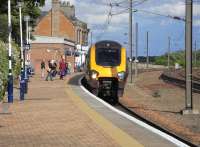 CrossCountry service for Aberdeen pulls into Dunbar on 18 June 2009.  Not only were the departure monitors showing 'Platform 1' when there is only one platform, but the 1s were flashing to indicate a platform alteration...<br><br>[David Panton 18/06/2009]