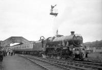 The returning LCGB <I>Thames-Tyne Limited</I> at Hexham on the Carlisle-Newcastle leg of the railtour on 3 June 1967 behind 45562 <I>Alberta</I>. The Jubilee handed over to 4472 at Newcastle Central for the trip back to London.<br>
<br><br>[Robin Barbour Collection (Courtesy Bruce McCartney) 03/06/1967]
