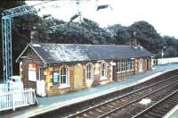 The station building on the Glasgow-bound platform at Cardross seen in August 1985.<br><br>[David Panton /08/1985]