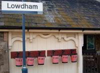 Clearly a dangerous location. Six fire buckets on the platform at Lowdham station.<br><br>[Ewan Crawford 27/06/2003]