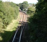 Looking towards Busby station on 8 September 2007. In the foreground the line becomes single to East Kilbride.<br><br>[David Panton 08/09/2007]