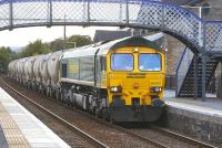 Freightliner 66601 <I>The Hope Valley</I> slows for a signal check at Blair Atholl with the 6B31 Inverness-Oxwellmains empty cement tanks on 30 July. This train currently runs only once or twice a month due to the recession.<br>
<br><br>[Bill Roberton 30/07/2009]