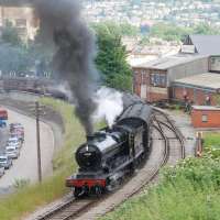 Ex-GCR class 8K (LNER Class O4) 2-8-0 no 63601 leaves Keighley with the 1100 departure for Oxenhope during the KWVR Summer Steam Gala on June 26 2009.<br><br>[Andy Carr 26/06/2009]