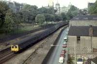 Viewed from Union St bridge, looking north into the Denburn, a pair of Swindon Class 120 DMUs bound for Inverness in August 1973. Aberdeen station is behind the camera to the left.<br><br>[John McIntyre /08/1973]