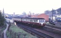 A DMU leaves Bangor for Belfast in May 1970. The signals subsequently found their way to Downpatrick [see image 37451].<br><br>[Colin Miller /05/1970]