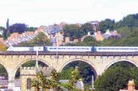 A (distant) view from Durham Cathedral on 8 August of a southbound train on the viaduct, having just left Durham station.<br><br>[Brian Smith 08/08/2009]