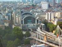 You get an unbeatable view of railway landmarks from The London Eye. View north across the Thames towards Charing Cross station in August 2009.<br><br>[Alistair MacKenzie 23/08/2009]