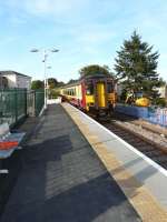156 436 enters the new platform at Stewarton with the 16.22 to Kilmaurs on 17 September 2009.<br><br>[Ken Browne 17/09/2009]