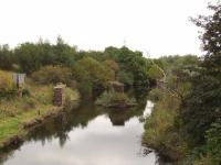 This shows the supports for the recently removed rail bridge that crossed the Black Cart Water just to the West of Cart Junction, carrying the line to Bridge Of Weir, Kilmacolm and Greenock Princes Pier.  <br><br>[Graham Morgan 16/09/2009]
