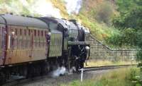 Britannia Pacific no 70013 <I>Oliver Cromwell</I>, during a visit to the NYMR on 2 October 2009, slips on the 1 in 49 climb south from Grosmont with the 12.30 service to Pickering.<br>
<br><br>[Colin Miller 02/10/2009]