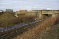 Looking west to the Western Road bridges; Dalry line Bridge 102 on the left, behind the bank, Barrhead line Bridge 108 to the right. Both bridges date from the 1930s, when the Western Road was widened with the intention of forming an early bypass; a scheme that failed miserably.<br><br>[Robert Blane 06/03/2009]