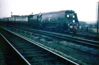 Battle of Britain Pacific no 34051 'Winston Churchill' entering Oxford with his funeral train on 30 January 1965.<br><br>[John Thorn 30/01/1965]