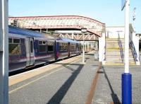 The 0758 ex-North Berwick class 322 emu stands at Carstairs on 11 September ready to depart as the 0917 service to Glasgow Central<br><br>[John Furnevel 11/09/2009]