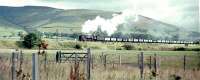 A class 9F heads a coal train west along the Hope Valley near Edale.<br><br>[John Thorn /09/1963]