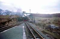 Ex-Penrhyn Quarries loco <I>Blanche</I> bringing a train into Dduallt in 1970 under  the bridge being built for the spiral to take the line above the flooded  section. <br><br>[John Thorn /05/1970]