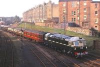 Birmingham Sulzer Type 2 D5308 (with EE Type 4 D368 at the rear) with the empty stock of the Royal Train near Leith North on 16 October 1962 on the occasion of the State Visit by King Olav of Norway. A few hours later, with D368 leading, the Royal Train carried the King's party (which had earlier arrived by ship at Leith Docks) to Princes Street station to be met by the Queen and Duke of Edinburgh. The view is from Lindsay Road Bridge looking back towards Newhaven .....for the same view 47 years later [see image 22977].  <br><br>[Frank Spaven Collection (Courtesy David Spaven) 16/10/1962]