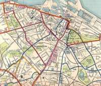 Detail from the City of Edinburgh Transport Map, 1937, showing <br>
Leith.Tram routes are shown in red and it's clear there must have been an almost endless parade of 'cars' on The Walk, though perhaps like buses today they all seemed to vanish when you wanted to catch one. Most tram services were replaced by buses carrying the same number and you can still catch a 7, 10, 11, 12, 16 or 25 into town today. <br>
<br><br>[David Panton /05/1937]