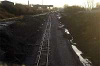 Looking back towards Kilmarnock Station from the Western Road bridge. Track panels being 'recycled' here appear to have been lifted from a curve somewhere!<br><br>[Robert Blane 08/12/2009]