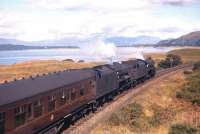 Shortly after leaving Oban on 1 September 1960, two Black 5s are pictured on the way down from Glencruitten heading for Connel with the 12.05 service to Glasgow. [See image 27076]<br><br>[Frank Spaven Collection (Courtesy David Spaven) 01/09/1960]