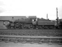 Standard class 3MT 2-6-0 no 77005 on Hamilton shed in July 1959.<br><br>[Robin Barbour Collection (Courtesy Bruce McCartney) 29/07/1959]