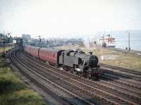 Fairburn 2-6-4T no 42265 takes a Glasgow train away from Gourock on 4 September 1959.<br><br>[A Snapper (Courtesy Bruce McCartney) 04/09/1959]