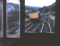A Class 24 shunting at Dufftown in 1973, seen from the inside of the train's brake van.<br><br>[David Spaven //1973]