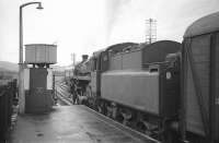 BR standard class 4MT 4-6-0 no 75033 prepares to leave Machynlleth westbound in 1967 with what is thought to be the down <I>Cambrian Coast Express</I>. The photograph was probably taken in late February / early March 1967. [With thanks to all who responded to this query] [See image 33910]<br>
<br><br>[Robin Barbour Collection (Courtesy Bruce McCartney) //1967]