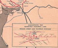 The bottom right-hand corner of the BR Scottish Region network map for 1960-61 showing the diagram of lines in Edinburgh - when such a thing was still needed. I am intrigued by the placing of the regional boundary on the map - correctly placed on the border at Gretna Junction, but why is Longtown, Cumberland, apparently part of Scottish Region? It had maroon London Midland Region signage. Maybe it was a cartographer's error? <br>
<br><br>[David Panton //1960]