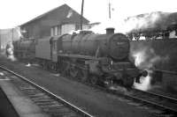 Black 5 no 45367 moves away from the coaling stage at Dalry Road shed in 1961. The photograph, taken from the adjacent platform at Dalry Road station, looking towards the Caledonian Princes Street terminus, shows how cramped the facilities were at this depot. Dalry Road shed (64C) was officially closed on 3 October 1965 and the area now forms part of Edinburgh's Western Approach Road.<br><br>[Frank Spaven Collection (Courtesy David Spaven) //1961]