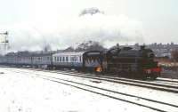 Preserved Black 5 no 5305 in LMS livery leaving Driffield for Scarborough on a snowy 28 December 1981.<br>
<br><br>[Peter Todd 28/12/1981]