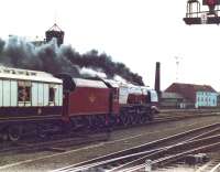 46229 <I>Duchess of Hamilton</I> makes a smoky exit from Leeds Station on a <I>Trans Pennine Pullman</I> special over the S&C to Carlisle on 10 April 1982.<br><br>[David Pesterfield 10/04/1982]