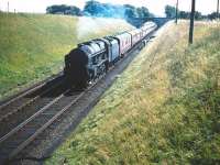 A northbound train, hauled by Holbeck based Royal Scot 46113 <I>Cameronian</I>, passing Lugton's colour light down distant signal on Saturday 22 August 1959, having just cleared the A735 road bridge. <br><br>[A Snapper (Courtesy Bruce McCartney) 22/08/1959]