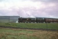Rebuilt Merchant Navy Pacific no 35012 <I>United States Lines</I> seen on 13 June 1964 passing Shap Wells with the RCTS <I>Solway Ranger</I> heading for Carlisle.<br><br>[Robin Barbour Collection (Courtesy Bruce McCartney) 13/06/1964]