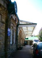 Main entrance to the former station at Alnwick in August 2007. Closed to passengers in 1968, the station building now houses one of the largest second hand bookshops in Europe.<br><br>[John Furnevel 08/08/2007]