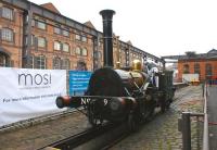 No 9... no, not <I>Union of South Africa</I>, but a working replica of the historic 2-2-0 locomotive <I>Planet</I>, seen between the former warehouses at what is now the Museum of Science and Industry (MOSI) in Manchester on 4 February 2010. The locomotive was in steam to coincide with the visit of HRH the Prince of Wales and the Royal Train, hauled into the museum by A1 pacific <I>Tornado</I>.<br>
<br><br>[John McIntyre 04/02/2010]