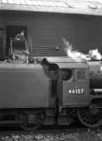 Polmadie Royal Scot no 46107 <I>Argyll and Sutherland Highlander</I> being coaled at 64C Dalry Road shed on 24th March 1962. <br><br>[Frank Spaven Collection (Courtesy David Spaven) 24/03/1962]