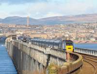 View north from Wormit on 9 February with trains about to pass on the Tay Bridge.<br><br>[Brian Forbes 09/02/2010]